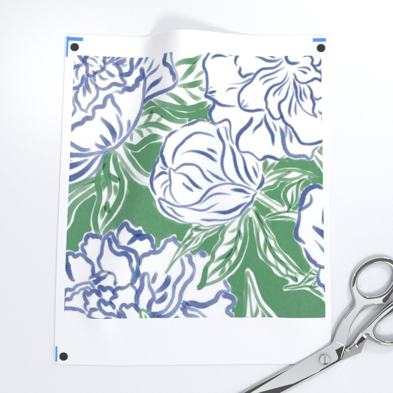Blue Preppy Floral Peony Flowers Green Botanical Modern Lines Garden Spring Grandmillennial Custom Printed Fabric by Spoonflower Various Fabrics by the Yard or Fat Quarter